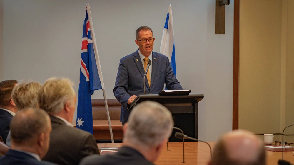 Australian MP Andrew Wallace addresses the Australia-Israel Allies Caucus at Parliament House in Canberra, Australia, Feb. 12, 2025. Credit: Courtesy.