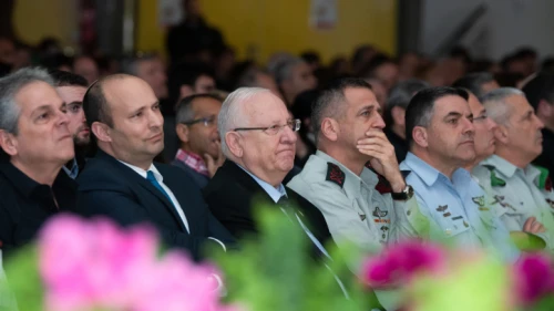 From left: Israeli Defense Minister Naftali Bennett, President Reuven Rivlin and IDF Chief of Staff Lt. Gen. Aviv Kochavi attend a ceremony in northern Israel marking the 23rd anniversary of the 1997 Israeli helicopter disaster, in which 73 IDF soldiers died, Feb. 11, 2020. Photo by Basel Awidat/Flash90.