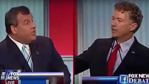 Click photo to download. Caption: Gov. Chris Christie (left) and Sen. Rand Paul squared off on the topic of U.S. aid to Israel during the Aug. 6 GOP presidential debate in Cleveland. Credit: YouTube.