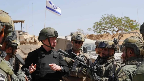 Israeli Defense Minister Yoav Gallant speaks to troops during an operational situation assessment in Rafah, the southern Gaza Strip, May 26, 2024. Photo by Ariel Hermoni/IMoD.