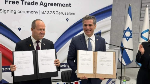 Israeli Economic Minister Nir Barkat and Costa Rica's minister of foreign trade, Manuel Tovar Rivera, at the signing ceremony for a free trade agreement in Jerusalem, Dec. 8, 2025. Credit: Israeli Ministry of Foreign Affairs.
