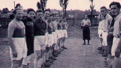 Jill Klein's father, Gene, is pictured here second from left with his soccer teammates in a displaced person’s camp in Austria, wearing a sweater as his goalkeeper’s jersey. Photo provided.