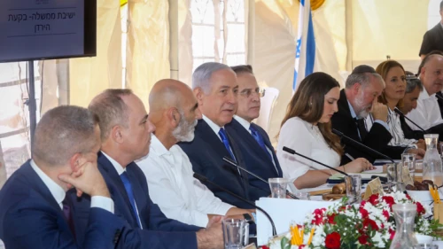 Israeli Prime Minister Benjamin Netanyahu leads the weekly cabinet meeting in the Jordan Valley in southern Israel on Sept. 15, 2019. Photo by Marc Israel Sellem/POOL.