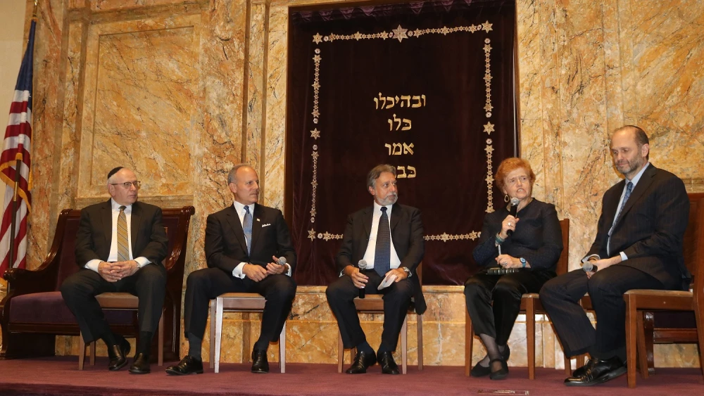 From left: Stephen Savitsky, Elan Carr, Rabbi Dr. Elie Abadie of Bnai Zion, Deborah Lipstadt and Rabbi Chaim Steinmetz on stage at a panel discussion on anti-Semitism in New York City, Sept. 10, 2019. Photo by Rhonda Hodas Hack.