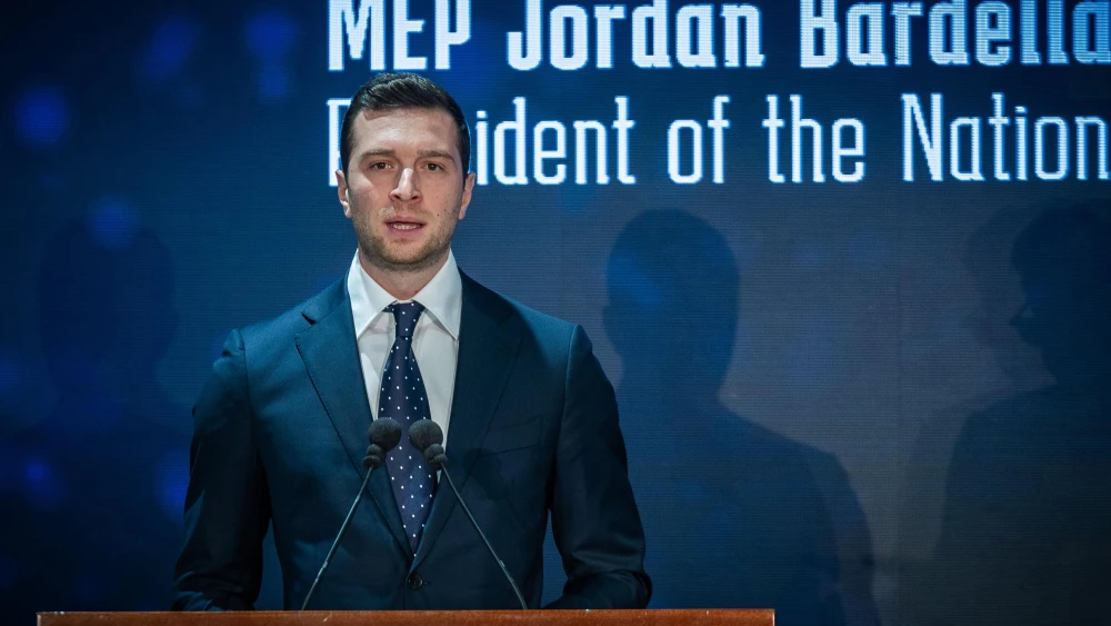 France's National Rally leader Jordan Bardella attends a conference organized by the Ministry of Diaspora Affairs and Combating Antisemitism, at the International Convention Center in Jerusalem on March 27, 2025. Photo by Yonatan Sindel/Flash90.