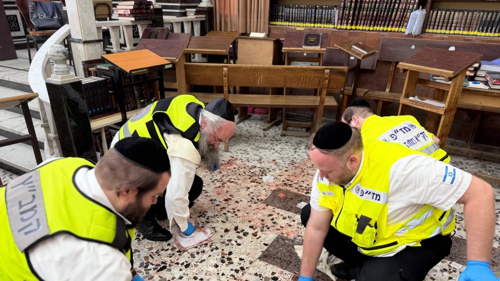 A team of ZAKA volunteers, led by CEO Zvi Hasid, at the Chazon Ish kollel in Bnei Brak following the stabbing of Rabbi Yishai Por, May 20, 2026. Credit: ZAKA.