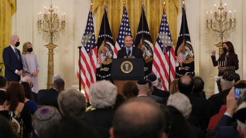 Second Gentleman Doug Emhoff speaks at the Hanukkah celebration in the East Room of the White House on Dec. 1, 2021. Photo by Dmitriy Shapiro.