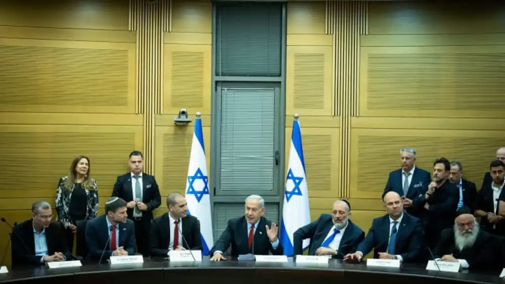 Israeli Prime Minister Benjamin Netanyahu, party heads and government ministers attend a meeting on the state budget, May 23, 2023. Photo by Yonatan Sindel/Flash90.