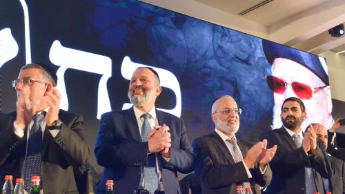 Israeli Minister of Interior Affairs and head of the Shas party Aryeh Deri, seen with Shas parliament members at the campaign opening event in Bat Yam on Feb. 10, 2019. Photo by Yehuda Haim/Flash90.