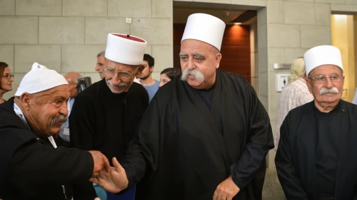 Shaykh Muwaffak Tarif (center), spiritual leader of the Israeli Druze community, attends a conference of the Zionist Druze Movement in Herzliya on July 16, 2018. Photo by Flash90.