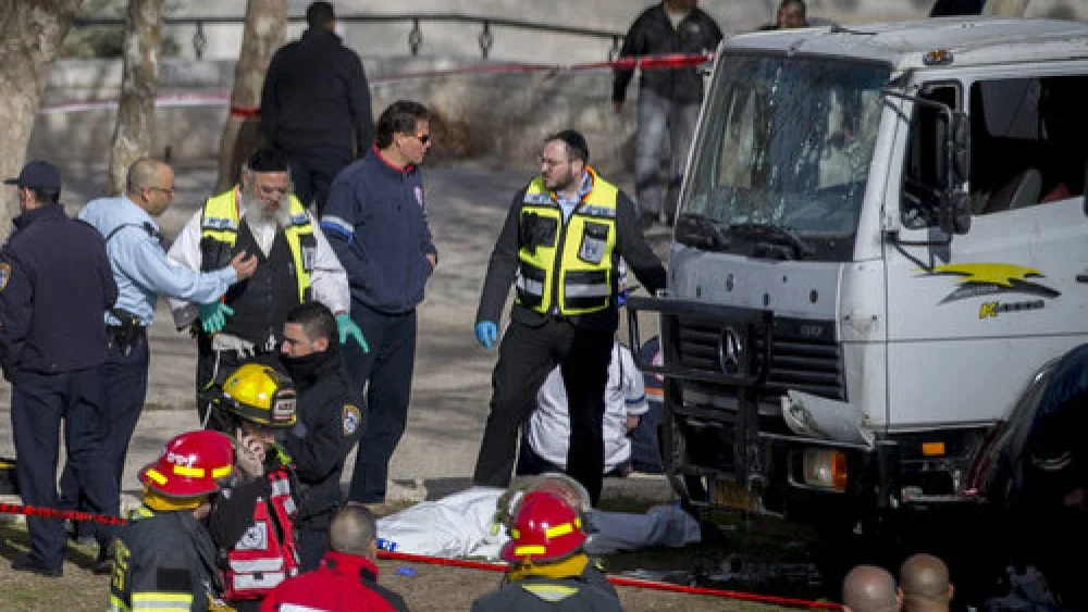 The scene of Sunday’s truck-ramming terror attack in Jerusalem. Credit: Yonatan Sindel/Flash90.