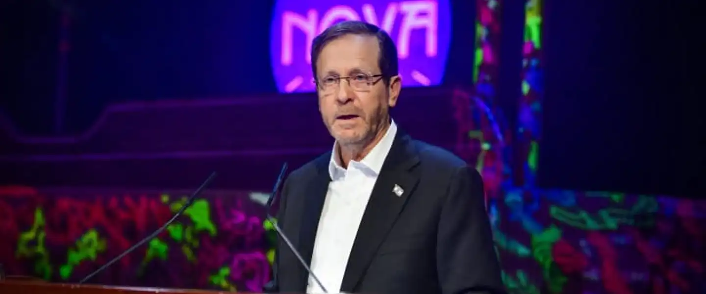 Israeli President Isaac Herzog attends the opening of an exhibition in Tel Aviv of objects collected from the site of the Supernova massacre, Dec. 7, 2023. Photo by Avshalom Sassoni/Flash90.