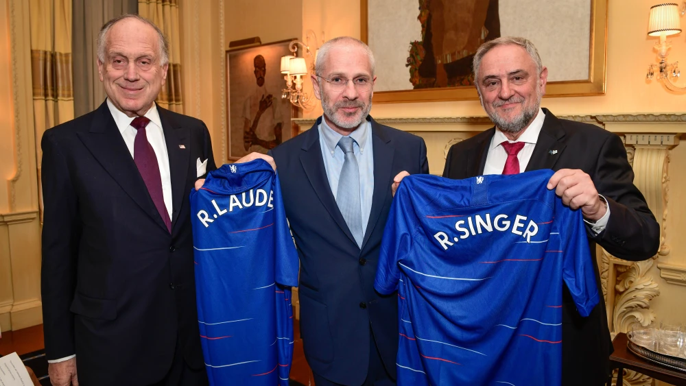 From left: WJC President Ronald S. Lauder, director for Chelsea Football Club Eugene Tenenbaum and WJC CEO Robert Singer. Credit: Photo by Shahar Azran/World Jewish Congress.
