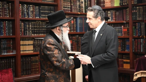 New York Gov. Andrew Cuomo meets with Rabbi Chaim Rottenberg in Monsey, N.Y., after a stabbing attack at his home and shul on Dec. 28, 2019, the seventh night of Hanukkah. Source: Andrew Cuomo/Twitter.
