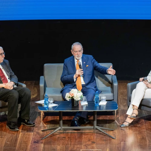 U.S. Ambassador Mike Huckabee in conversation with NGO Monitor’s president, Prof. Gerald Steinberg, and vice president Olga Deutsch at the Menachem Begin Heritage Center in Jerusalem, Dec. 10, 2025. Photo by Matt Kaminsky/JNS.