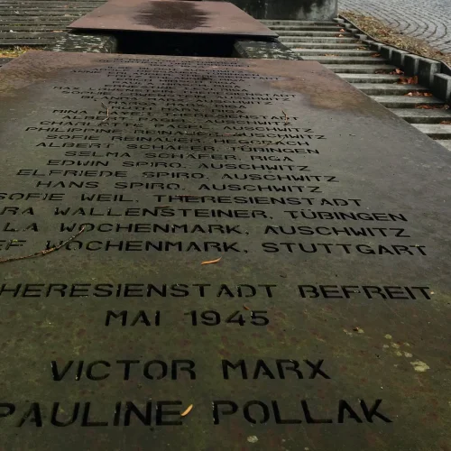 At the “synagogenplatz” (synagogue plaza) in Tübingen, Germany, a memorial to the local synagogue that was destroyed during Kristallnacht. Credit: Orit Arfa.