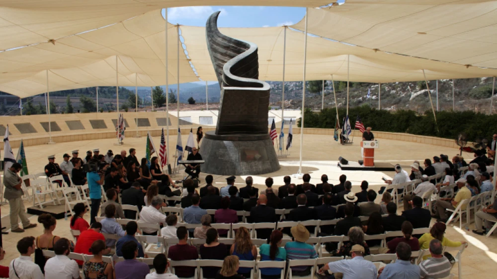 Israelis attend the 11th-anniversary memorial ceremony for the victims of the 9/11 attacks at a memorial monument in Jerusalem Hills on Sept. 11, 2012. Photo by Yoav Ari Dudkevitch/Flash90.
