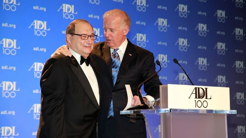 U.S. Vice President Joe Biden sings “Happy Birthday” to Abraham Foxman, the longtime national director of the Anti-Defamation League, at the ADL's Centennial Gala in April 2013 in Washington, D.C. Photo by David Karp.