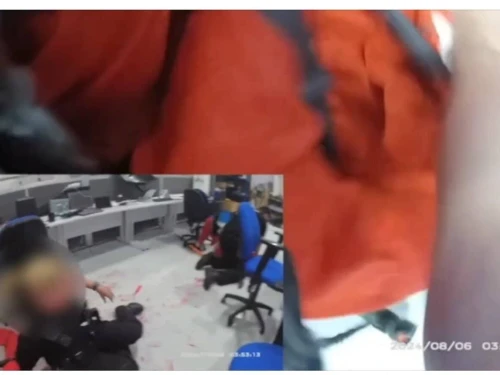 A screenshot from bodycam footage from inside the Elbit Systems facility near Bristol, the U.K., on Aug. 6, 2024. Credit: Crown Prosecution Service/BBC.