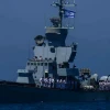 An Israeli Navy boat at a marine show as part on Israel's 70th Independence Day celebrations near the shore of Tel Aviv on April 19, 2018. Photo by Tomer Neuberg/Flash90.