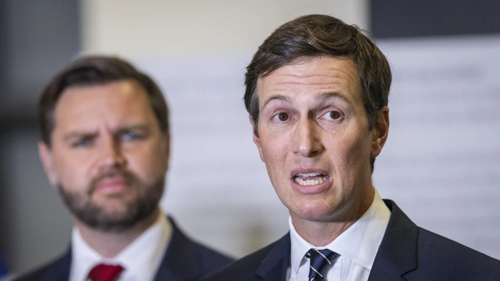 Jared Kushner delivers a statement to the media alongside U.S. Middle East Envoy Steve Witkoff and U.S. Vice President JD Vance, near Kiryat Gat, on Oct. 21, 2025. Photo by Chaim Goldberg/Flash90.