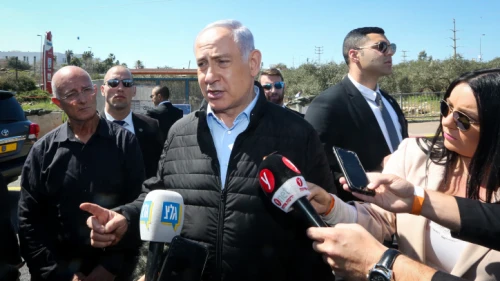 Israeli Prime Minister Benjamin Netanyahu visits the site of a deadly terror attack near Ariel in the West Bank on March 18, 2019. Photo by Marc Israel Sellem/POOL.