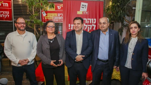 Aymam Udeh and Ahmad Tibi launch the campaign for their joint party Hadash-Ta'al, ahead of the Knesset elections, on March 13, 2019. Photo by Flash90.