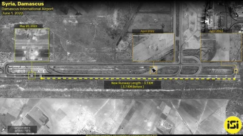 Satellite images of the damage to Damascus International Airport cause by alleged Israeli strikes, June 1, 2022. Credit: Image Sat International.