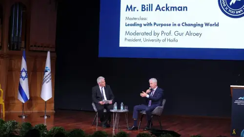 US billionaire investor speaking at Haifa University on Sunday. Credit: Roy Hermoni, September 14, 2025.