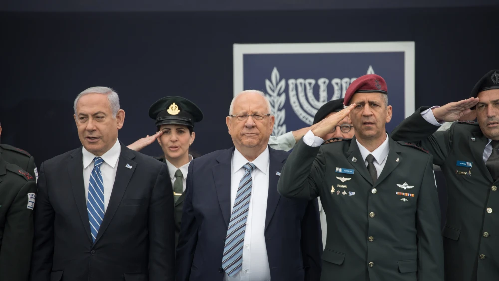 Israeli President Reuven Rivlin, IDF Chief of Staff Aviv Kochavi and Israeli Prime Minister Benjamin Netanyahu on May 9, 2019. Photo by Noam Revkin Fenton/Flash90.