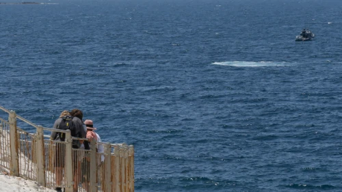 Israeli navy boats are seen from Rosh Hanikra, on the Israeli and Lebanese border in northern Israel, May 4, 2021. Photo by Jamal Awad/Flash90.