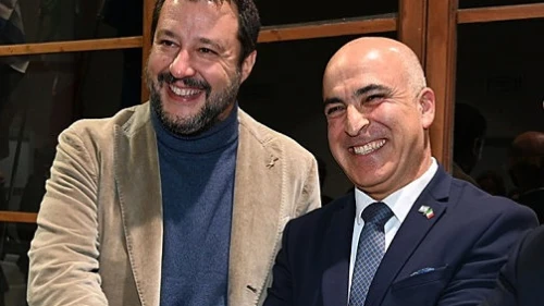 Italian politician Matteo Salvini (left) and Israeli Ambassador to Italy Dror Eydar attend a ceremony in Florence, Nov. 13, 2019. Credit: Claudio Giovannini.