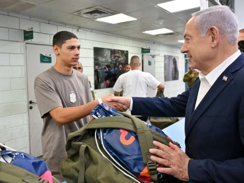 Israeli Prime Minister Benjamin Netanyahu visits new IDF recruits at Tel Hashomer induction base, on Aug. 5, 2025. Photo by Kobi Gideon/GPO.