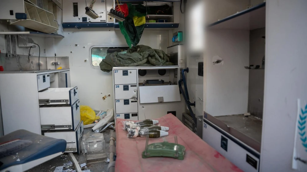 Weapons are seen inside an ambulance in the Qantara area of Southern Lebanon after being discovered by Golani Brigade troops. Credit: IDF.