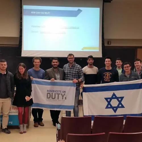 Members of the group Reservists on Duty at the University of Illinois at Urbana-Champaign, where they spoke to students about life in Israel. Credit: Courtesy.