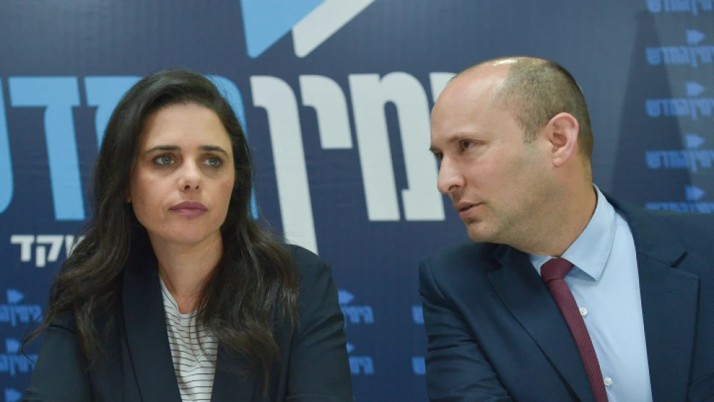 Israeli Education Minister Naftali Bennett and Justice Minister Ayelet Shaked hold a press conference of the New Right Party in Tel Aviv on March 17, 2019. Photo by Flash90.