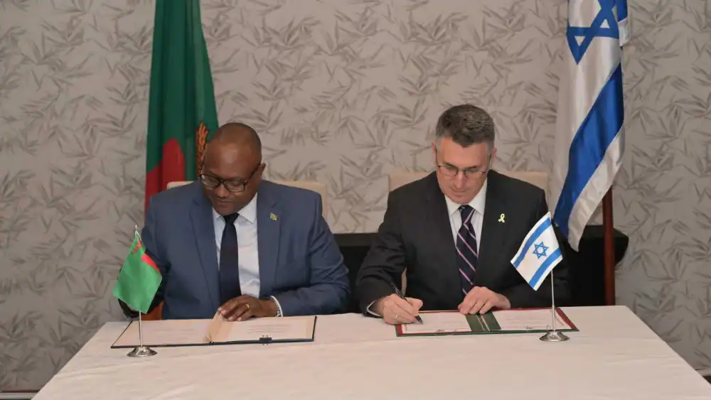 Mulambo Haimbe and Gideon Sa'ar, right, attend the reopening ceremony of Israel's embassy in Lusaka, Zambia on Aug. 20, 2025. Photo courtesy of the Ministry of Foreign Affairs of the State of Israel.