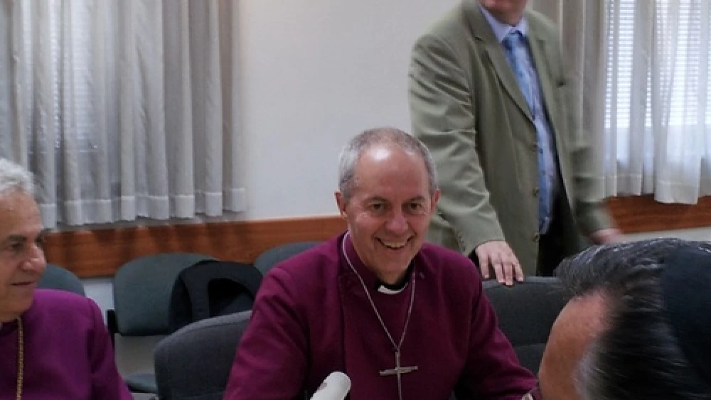 Click photo to download. Caption: Justin Welby (sitting in center), the Archbishop of Canterbury, at a press conference at the Israeli Chief Rabbinate in Jerusalem during his visit to Israel on Thursday. Credit: Rachel Marder.