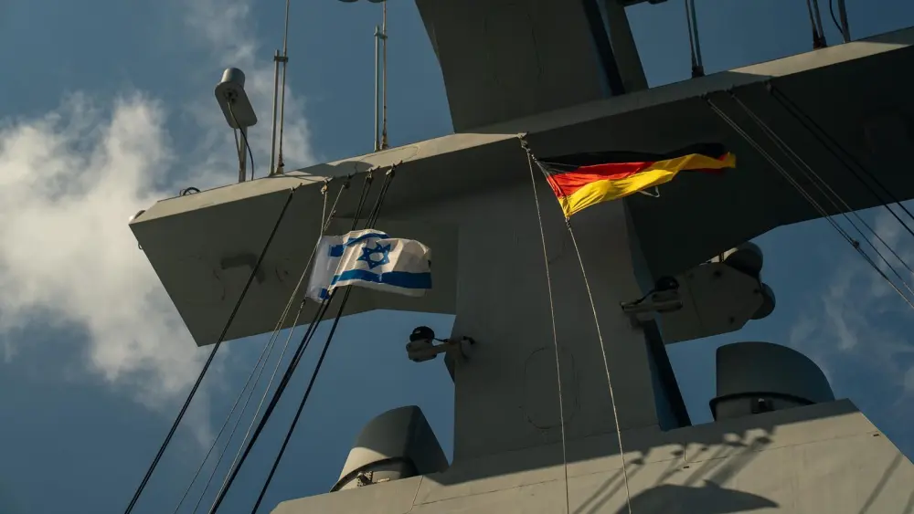 The Israeli and German flags fly from a German Navy vessel during a port visit and joint exercise with the Israeli Navy in Haifa, Israel, June 2026. Credit: IDF.