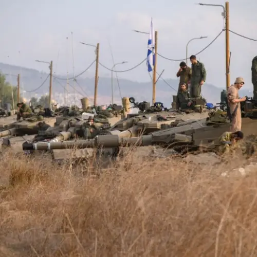Israeli tanks at a staging area near the border with Lebanon, Oct. 11, 2023. Photo by Ayal Margolin/Flash90.
