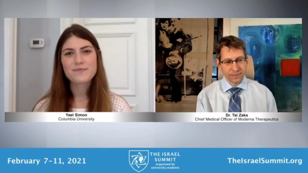 Moderna CMO Tal Zaks speaking at the Birthright Excel Israel Summit virtual conference. Source: Screenshot.