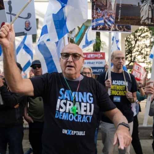Activists protest against Israeli Prime Minister Benjamin Netanyahu during his visit to New York for the U.N. General Assembly, Sept. 19, 2023. Photo by Luke Tress/Flash90.
