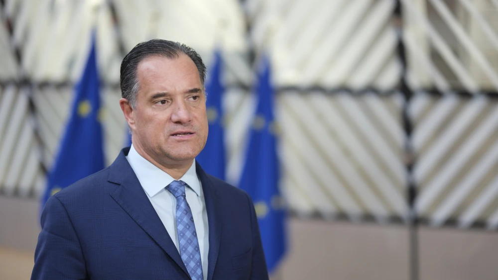 Greek Health Minister Adonis Georgiadis speaks to the media ahead of an EU Health Ministers meeting in Brussels, Dec. 3, 2024. Photo by Thierry Monasse/Getty Images.