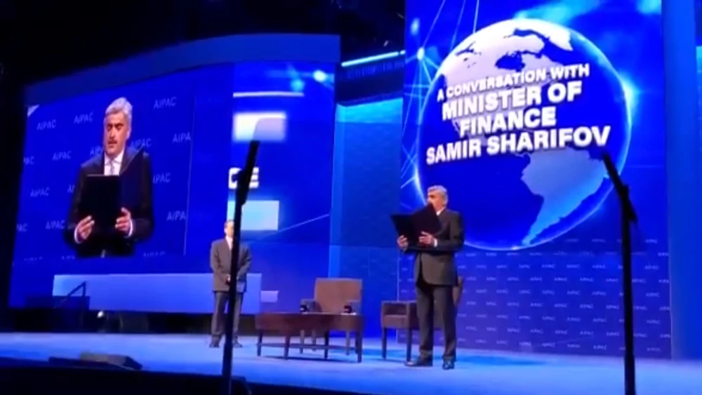 Samir Sharifov, Azerbaijan’s finance minister, addresses the 2020 AIPAC Policy Conference. Source: Screenshot.