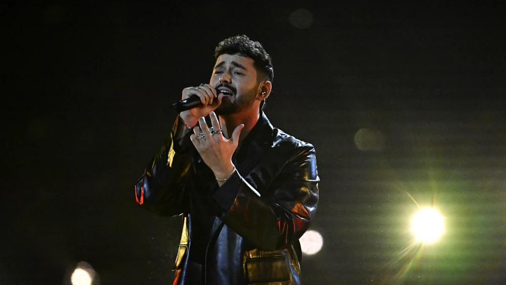 Israel's Noam Bettan performs "Michelle" during the first semifinal of the 2026 Eurovision Song Contest in Vienna, May 12, 2026. Photo by Tobias Schwarz/AFP via Getty Images.