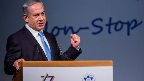 Israeli Prime Minister Benjamin Netanyahu speaks during the 37th World Zionist Congress conference at the Jerusalem Convention Center on Oct. 20, 2015. Photo by Yonatan Sindel/Flash90.