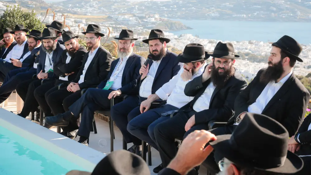 Dozens of Chabad-Lubavitch emissaries from more than 40 countries in Europe, the Middle East and Africa gathered on the island of Mykonos, Greece, for a two-day regional summit to strategize, collaborate and confront shared realities, April 22-23, 2026. Credit: David Karsenty/Kinus.com.
