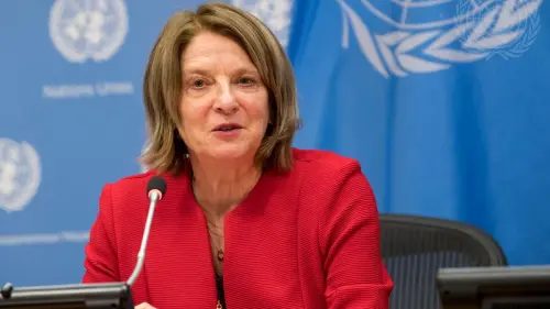 Mona Juul, president of the Security Council for the month of January 2022 and Permanent Representative of Norway to the United Nations, briefs reporters on the program of work of the Security Council for the month. Credit: U.N. Photo/Mark Garten.