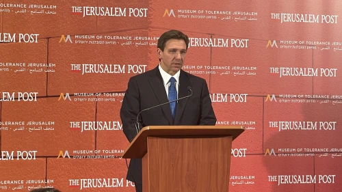 Florida Gov. Ron DeSantis addresses a conference in Israel organized by “The Jerusalem Post” and the Simon Wiesenthal Center's Museum of Tolerance, April 27, 2023. Credit: TPS.