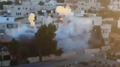 The Israel Defense Forces demolishes the home of accused terrorist Muntasir Shalabi in the village of Turmus Ayya, July 8, 2021. Source: Twitter.